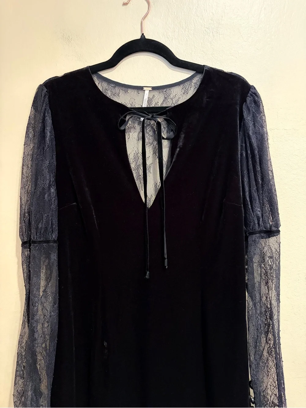 Wickedly Gorgeous Free People Black Crushed Velvet Dress w/ Sheer Long Sleeves